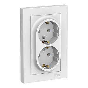 Розетка Schneider Electric ATLASDESIGN двухместная с рамкой, скрытый монтаж, с заземлением, винтовые клеммы, белый
