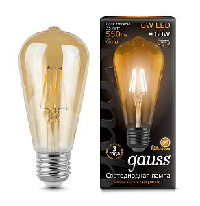 Лампа Gauss LED Filament ST64 E27 6W Golden 2400K 