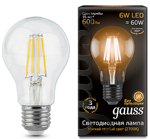 Лампа Gauss LED Filament A60 E27 6W 2700K