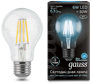 Лампа Gauss LED Filament A60 E27 6W 4100K