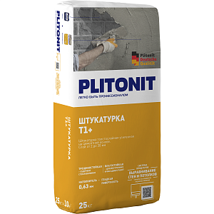 Штукатурка PLITONIT Т1+ смесь сухая растворная штукатурная цементная 25кг