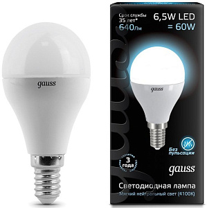 Лампа Gauss LED Globe E14 6.5W 100-240V 4100K 
